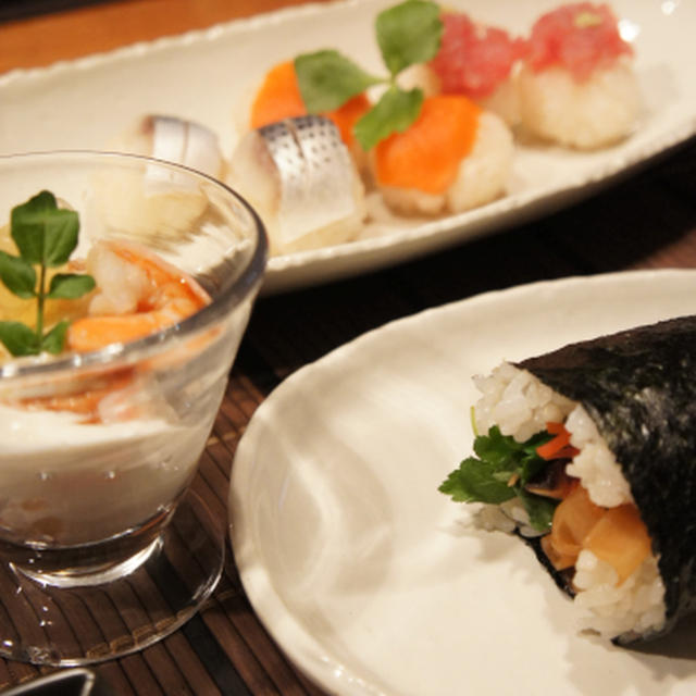 恵方巻き・手まり寿司・海老とグレープフルーツのパフェ風前菜・水菜の煮浸し