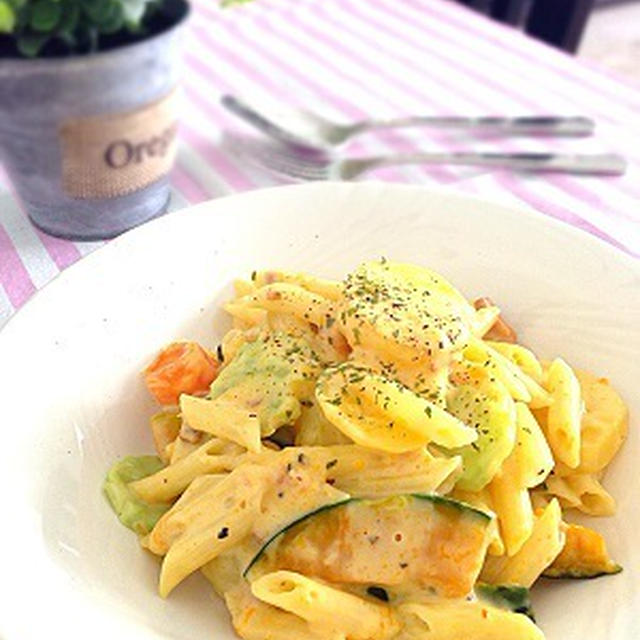 残り物のお野菜で、ペンネカルボナーラ♪