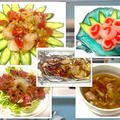 ホタテと松の実のマリネ、ヤリイカのタラコ巻き、イカゲソの柚子胡椒焼き、豚巻き生姜スープ