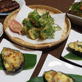 お茄子の白味噌グラタン　　タラの大葉巻き天ぷら　　ゴロゴロ野菜とソーセージのサラダ