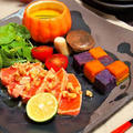 大人のハロウィンワンプレート♪　オレンジ色がキレイなサーモンの焼き霜造り　かぼちゃと紫芋のキューブチェック