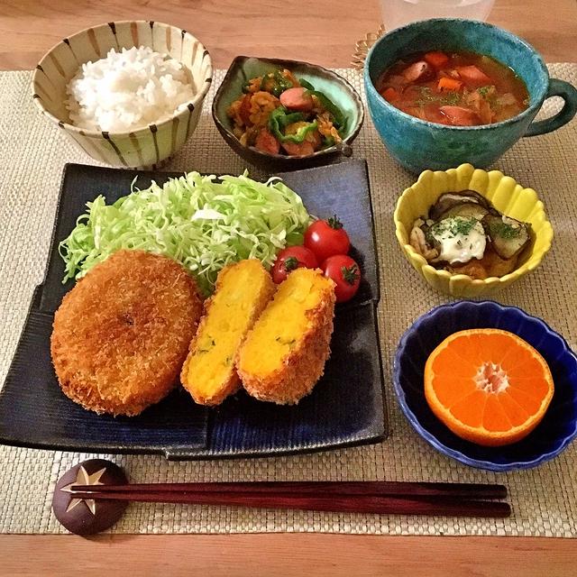 52.【40分】かぼちゃコロッケ/ソーセージとピーマンのオイスター炒め/ナスのチーズ焼き