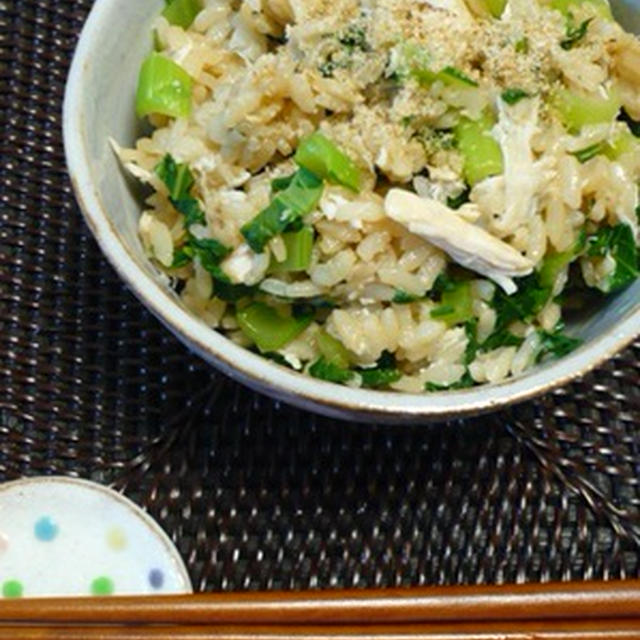 鶏と小松菜の炊き込みご飯（レシピ）。