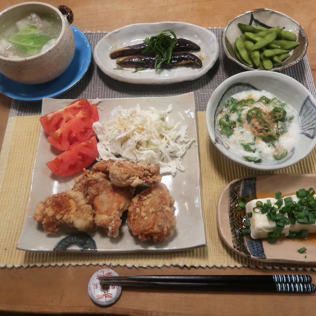唐揚とワンタンスープの晩ご飯と サルビアの花♪