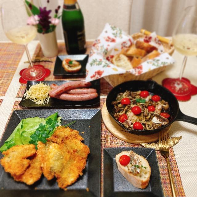 鯵のアヒージョと鯵フライの夕ご飯