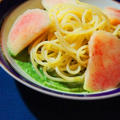 桃のクレソンソースの冷たいスパゲッティーニ、夏野菜のグリル、
