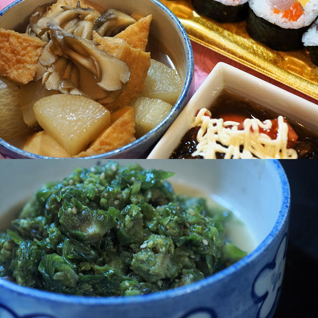 ■晩ご飯他【大根と絹揚げ・舞茸の煮物／市販の海鮮巻／モズクトマト】他蕗味噌作り