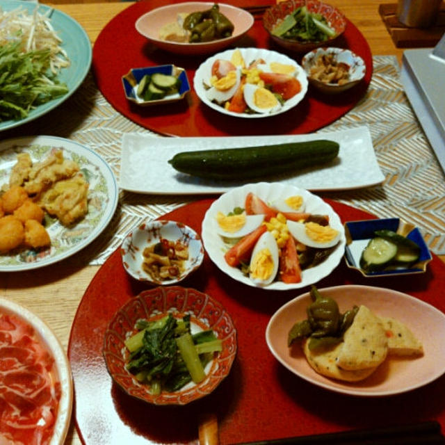 ラムしゃぶと小鉢5品とプランターのきゅうりで晩酌。