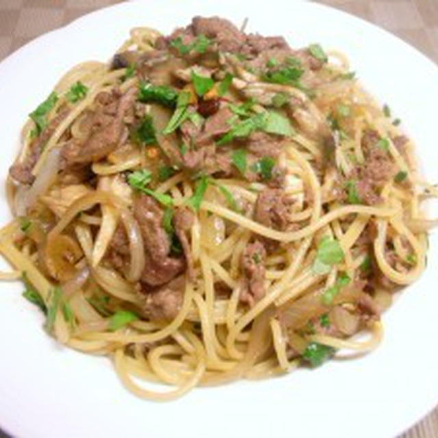 碧落の初詣ＲＵＮ、牛肉と舞茸の焼き肉風パスタ