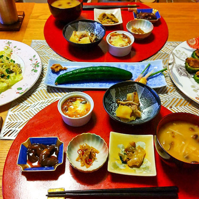ゴーヤのおおよそカレー肉詰め、なすとアンチョビのマカロニサラダ に小鉢５品+αで晩酌