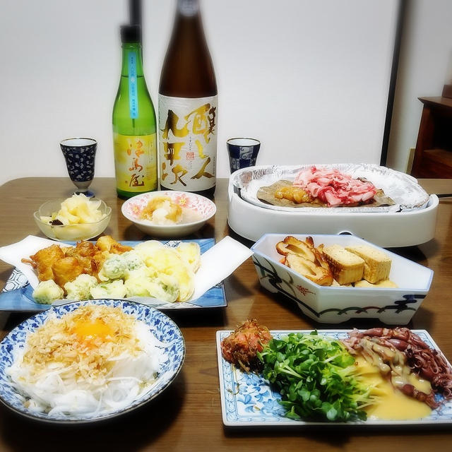 【家飲み/日本酒】津島屋 純米吟醸 八反錦 澱がらみ / 九平次 うすにごり生 * 岐阜県のおつまみ ネギ味噌天ぷらとほうば味噌