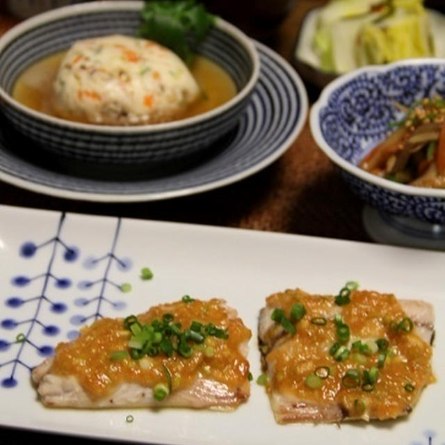 さばのねぎ味噌焼き と 豆腐とエビのがんも蒸し。晩ごはん。