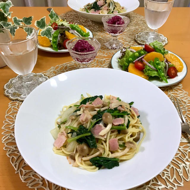 ほうれん草とベーコンとしめじの和風パスタ♬
