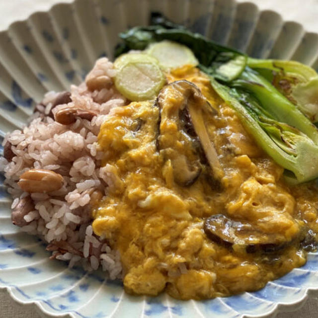 丼ものレシピ | 薄皮付きピーナッツの炊き込みご飯でふわとろ卵あんかけ