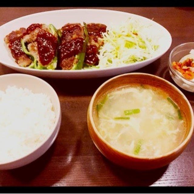 晩ごはん ピーマンの肉詰め