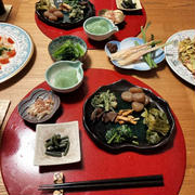 鯛のカルパッチョ、きゃべつのたまご炒め、谷中しょうが、自家製高菜漬け、小鉢9品で晩酌