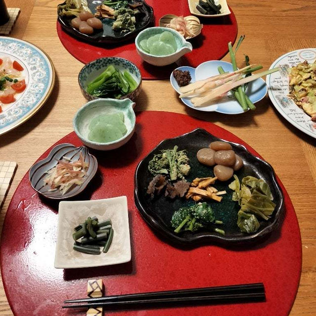 鯛のカルパッチョ、きゃべつのたまご炒め、谷中しょうが、自家製高菜漬け、小鉢9品で晩酌