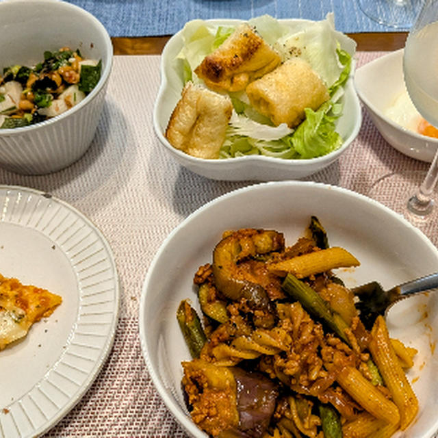 茄子、ズッキーニのミートソースパスタ
