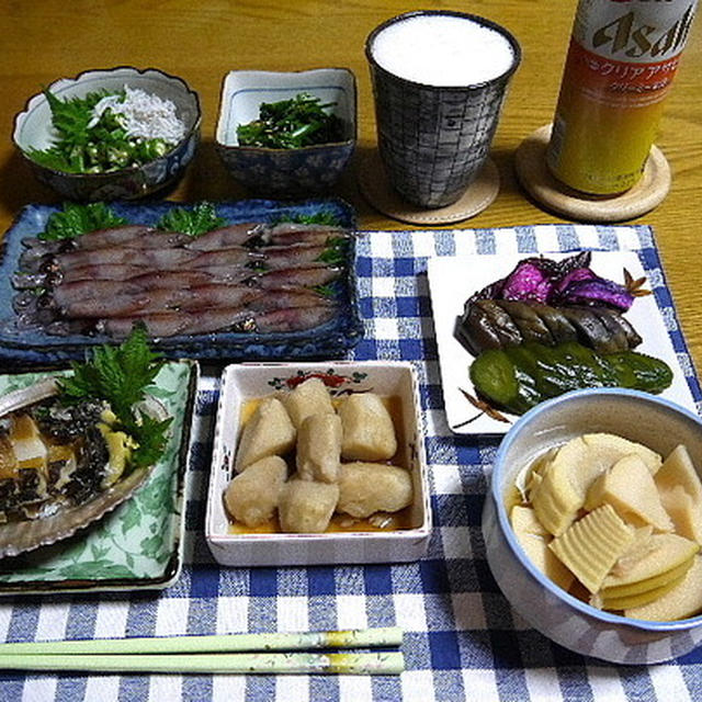 【晩酌】生ほたるいかのお造り・あわびのお造り・里芋の煮物…
