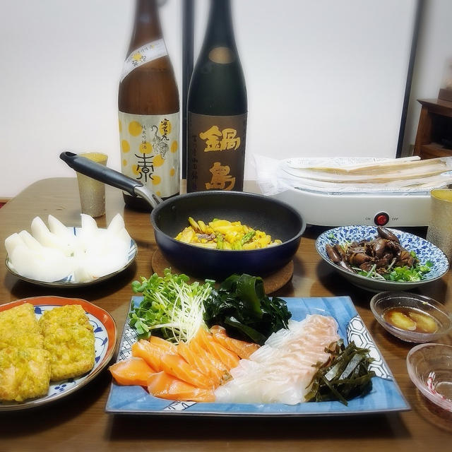 【家飲み/日本酒】安芸虎 素 発泡うすにごり活性生 / 鍋島 純米大吟醸 吉川山田錦 * 鰻の肝煮と 穴子の干物