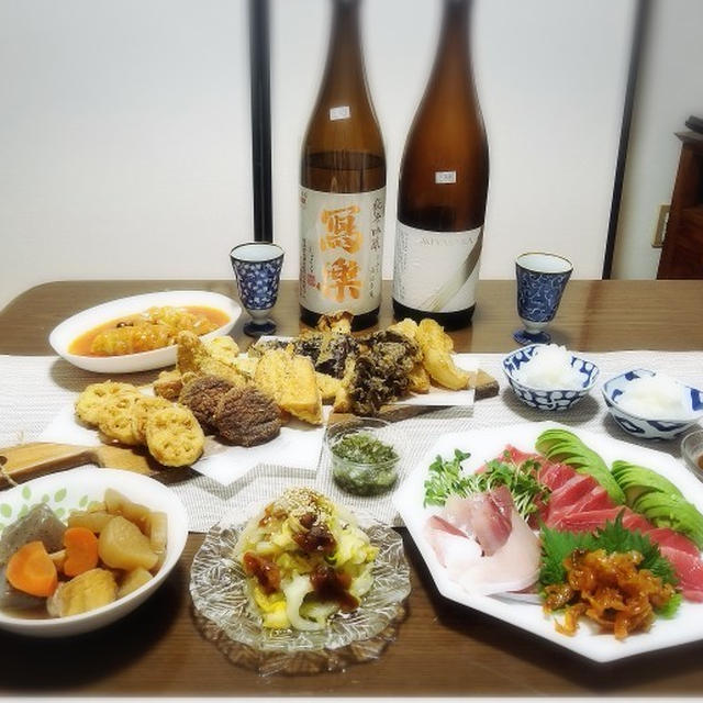 【家飲み/日本酒】 写楽 純米吟醸 / MIYASAKA 純米吟醸 中取り　* 秋野菜の天ぷらと 市場のお刺身