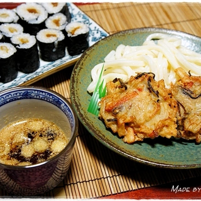 水沢うどんと細巻きで晩ご飯