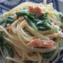「焼き鮭の残りで☆鮭と水菜の柚子胡椒パスタ」