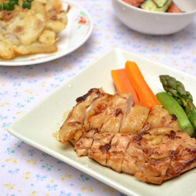 つるぴか鶏むね肉の照り焼き。納豆と玉ねぎのかき揚げ。と、きのこプロジェクト。