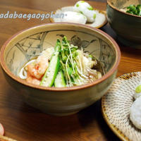 冷やしあんかけうどんと枝豆のおにぎり