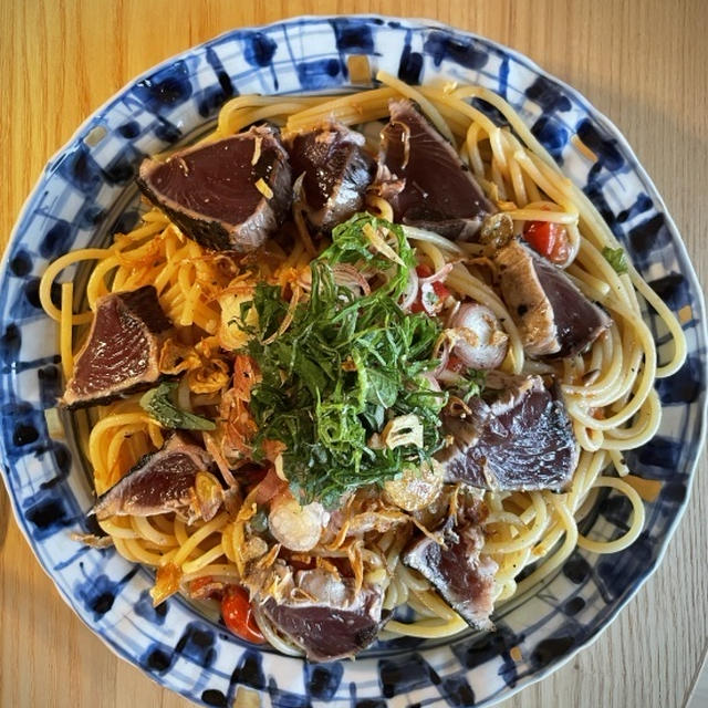 鰹のたたきでパスタ