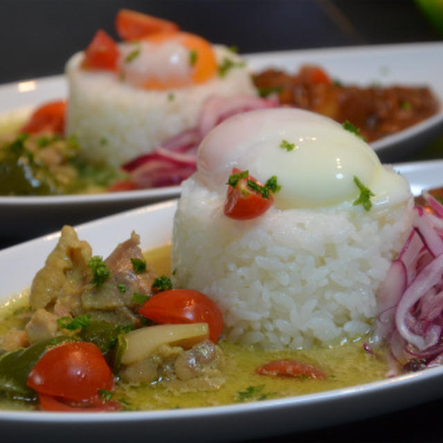 ストウブで「グリーンカレーとトマトカレーの合がけ」