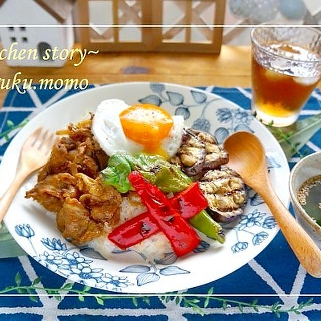 ヘビロテ＊レシピ★豚肉カレーソテー＆グリル野菜のカフェ丼