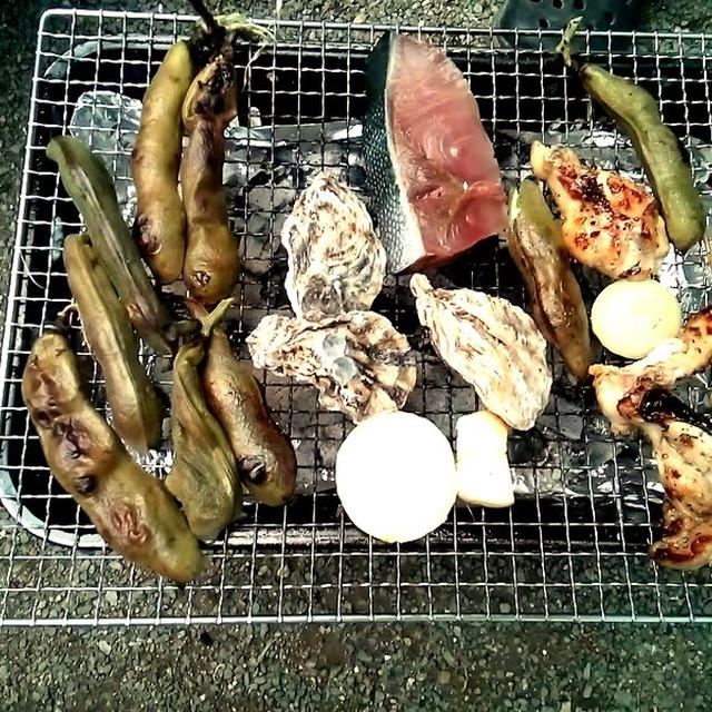 牡蠣とブリ、空豆を、炭火で焼き焼き　トルコのハルミチーズ