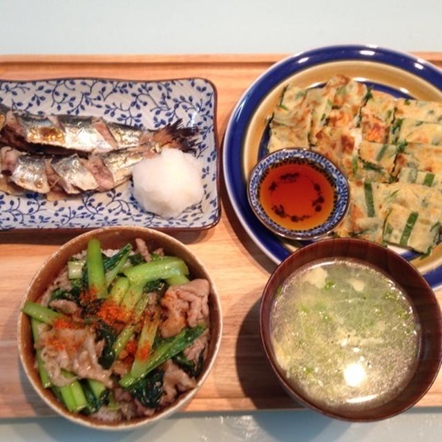 豚肉と小松菜のオイスターソース炒め丼で晩御飯