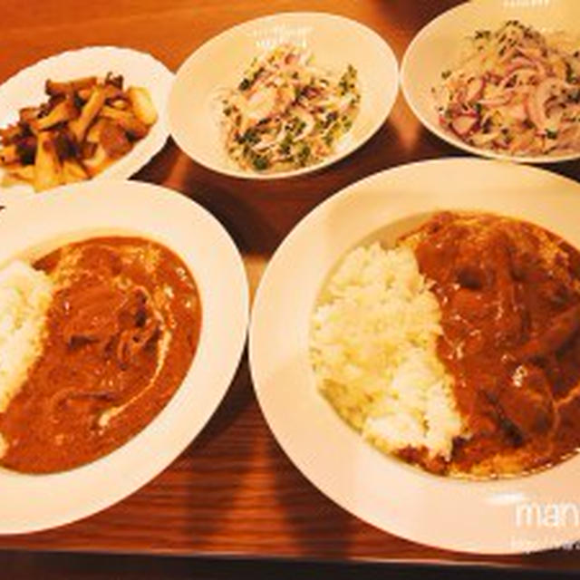 本格派バターチキンカレーと、紫玉ねぎとブロッコリースプラウトのサラダで、お野菜たくさんな晩ごはん