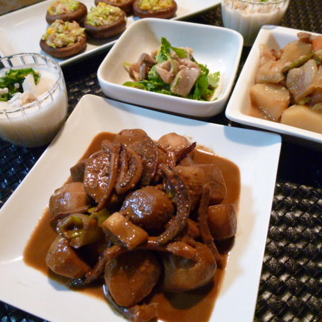 里芋とイカの肝煮とブリと三つ葉の和え物の献立（３日分）　夕ご飯