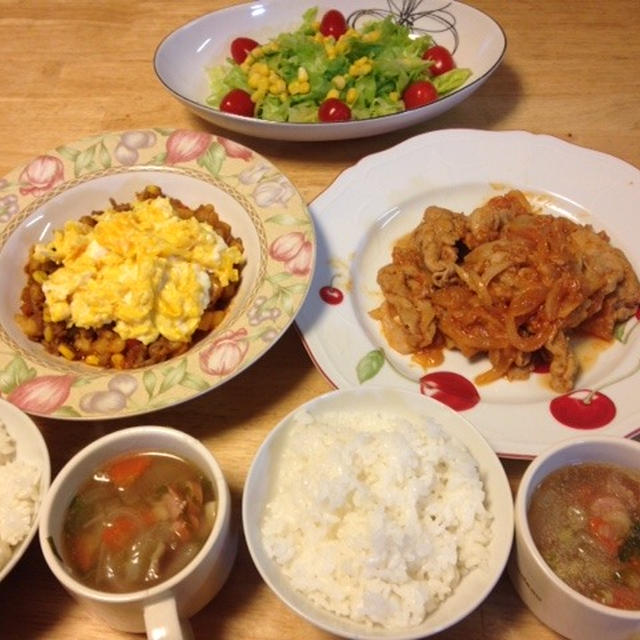 一昨日の晩御飯は薄切りのポークチャップ風など～