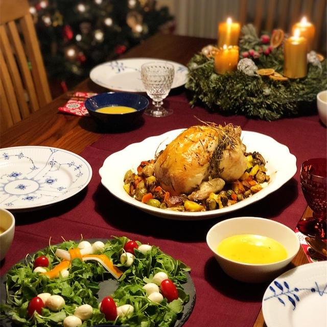 クリスマスのお食事:栗入りバターピラフ詰め丸鶏のグリル〜クリスマスの様子 in ドイツ〜おせちの準備も始めてます:冷凍保存できる海老の旨煮