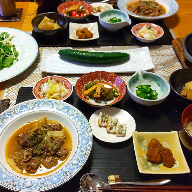ビーフストロガノフ、コーンバターにサラダと小鉢６品で晩酌