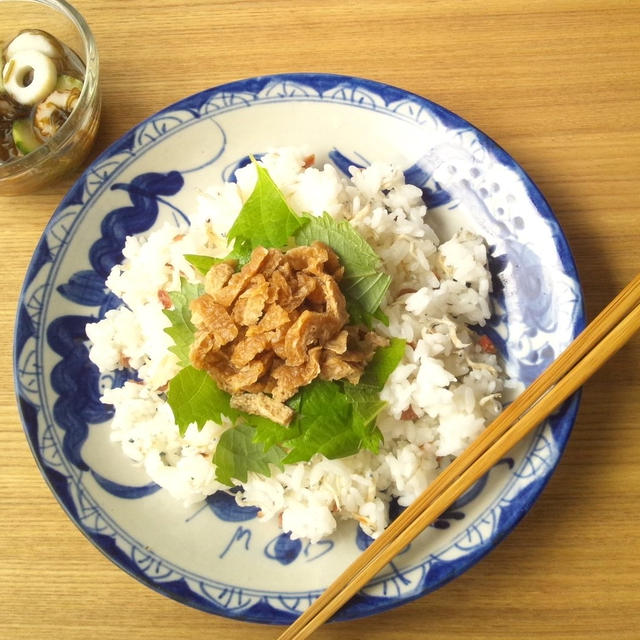 レンジで揚げの甘辛煮載せの、梅＆ちりめんじゃこの散らし寿司