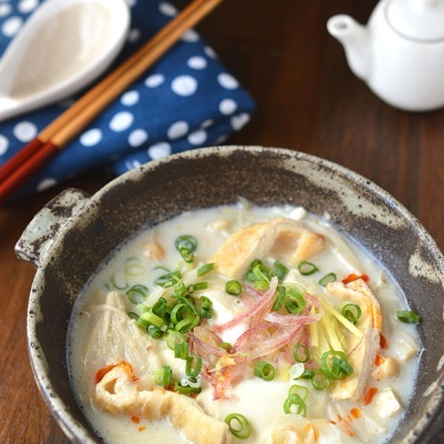 お豆腐ふるふる♡「豆腐と長ねぎとえのきの豆乳スープ」←薬味たっぷりがおすすめです◎