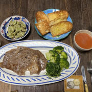 和牛リブアイステーキブロッコリーオカヒジキ・蚕豆ソテー・ガーリックバゲット・粒からし・トマトスー