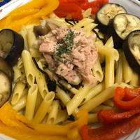 塩昆布パスタ焼き浸し野菜添え