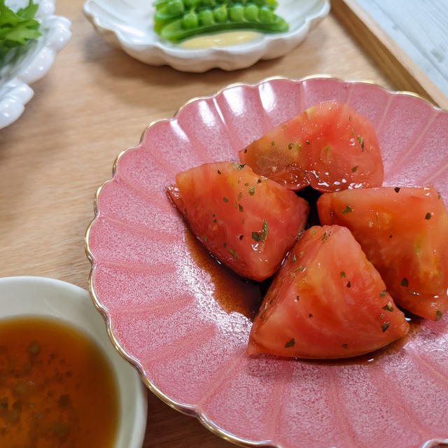 【トマトのハーブ塩桃酢マリネ】さっぱりと美味しい春トマト。