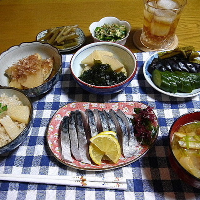 【夕食】たけのこご飯・若竹煮・きずし・たけのこ土佐煮…
