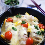 ◆晩ご飯のおかず【長芋・絹サヤの豚肉巻　チーズを乗せて　スキレット焼きで簡単！です♪】