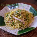 切り昆布とハムの醤油味パスタ
