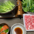 小松菜と豚肉の常夜鍋とサーモンの漬け丼