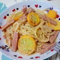 ズッキーニとスパムのめんマヨパスタ