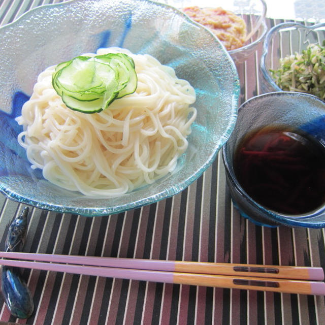 自家製薬味と麺つゆで冷や麦＆茄子の肉味噌田楽